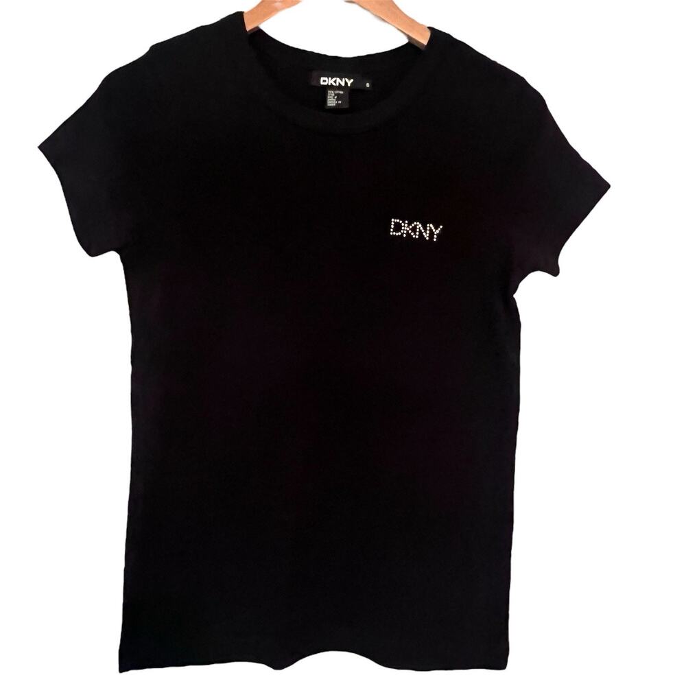 DKNY Women’s Small Black Rhinestone Logo T-Shirt Short Sleeve Cotton Y2K 90s